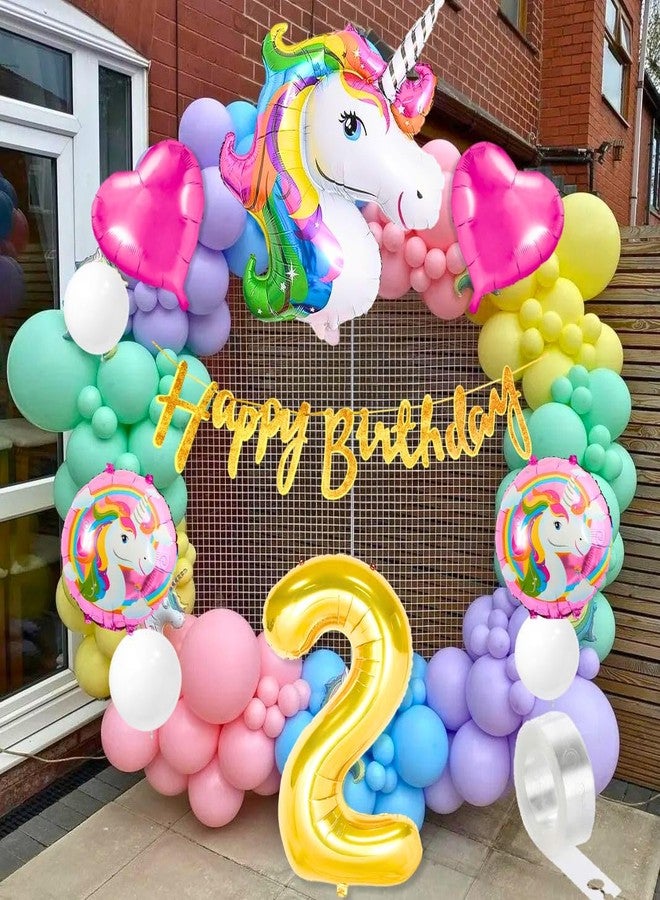 Flyloons Unicorn theme 2nd birthday decoration Kit for kids for 2 Year with Unicorn Foil Pink Heart Pink Purple Yellow Mint Orange Blue Pastel White Metallic Balloons Banner,70 pieces - Image 1